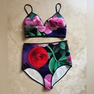Clover Canyon Multicolor Floral High Waisted Bikini Set - Top & Bottom - Sz M